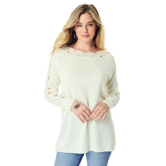 Roaman's Women's Plus Size Pointelle Sleeve Pullover