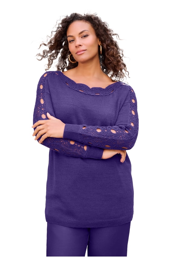 Women's Plus Size Pointelle Sleeve Pullover