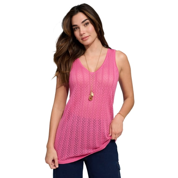 Roaman's Women's Plus Size Pointelle V-Neck Ribbed Trim Tank