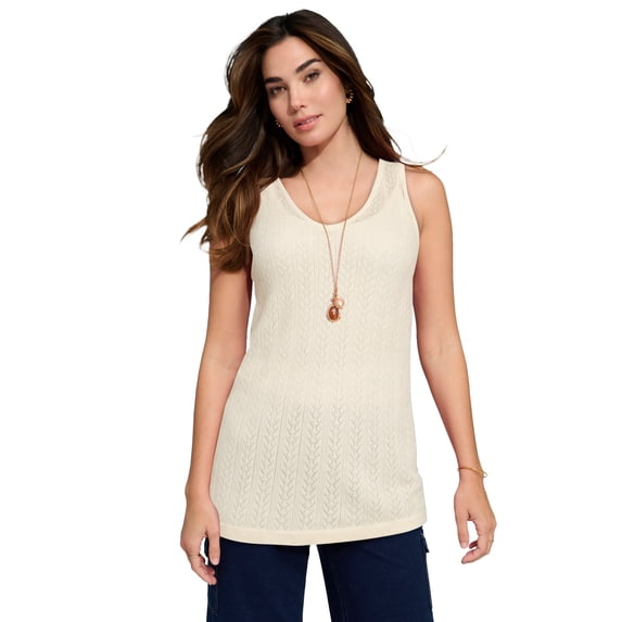 Roaman's Women's Plus Size Pointelle V-Neck Ribbed Trim Tank