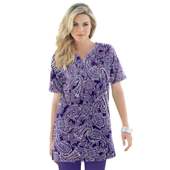 Roaman's Women's Plus Size Soft Knit Print Tunic With Notch Neckline