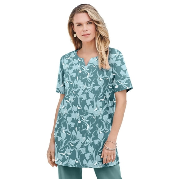 Roaman's Women's Plus Size Soft Knit Print Tunic With Notch Neckline
