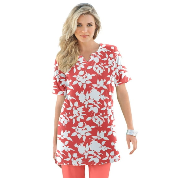 Roaman's Women's Plus Size Soft Knit Print Tunic With Notch Neckline