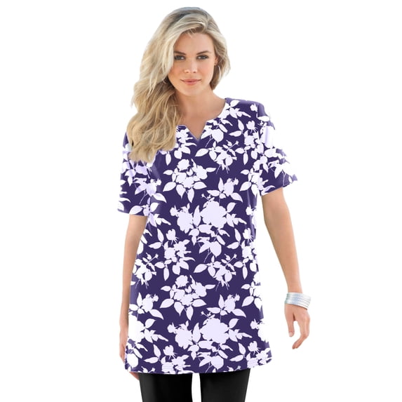 Roaman's Women's Plus Size Soft Knit Print Tunic With Notch Neckline