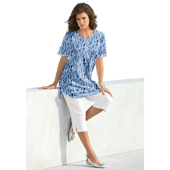 Roaman's Women's Plus Size Soft Knit Print Tunic With Notch Neckline