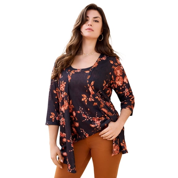 Roaman's Women's Plus Size Printed 2 Piece Tank And Cardigan Set