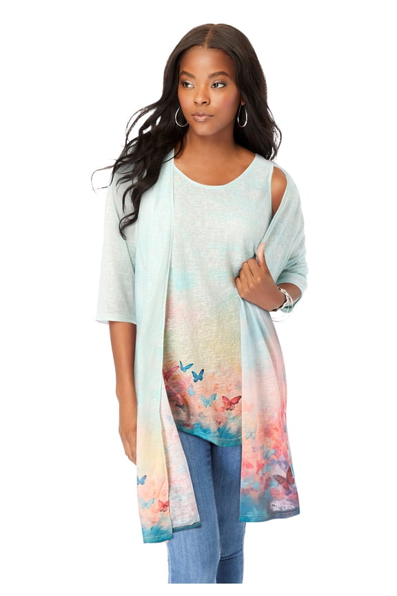 Women's Plus Size Printed Duster Cardigan & Tank Set