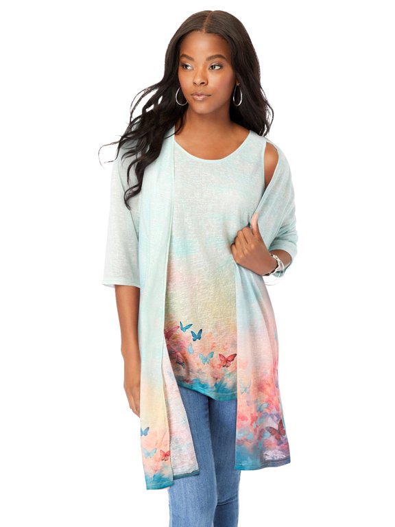 Women's Plus Size Printed Duster Cardigan & Tank Set