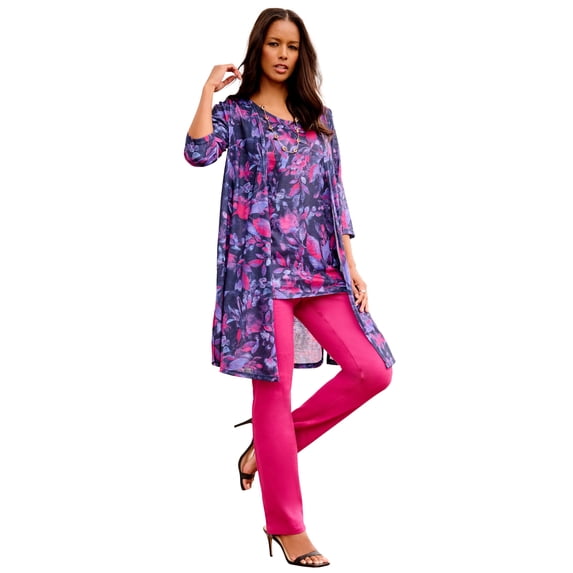 Roaman's Women's Plus Size Printed Duster Cardigan & Tank Set