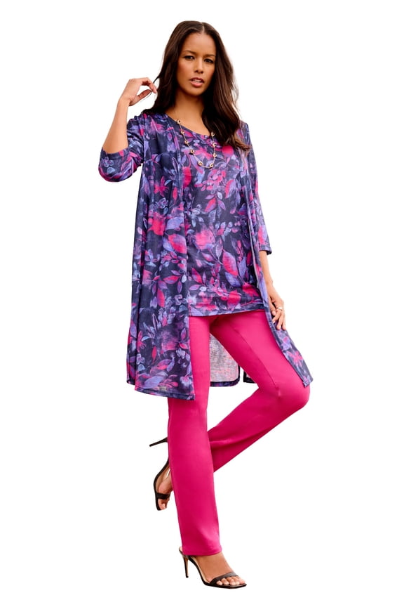Women's Plus Size Printed Duster Cardigan & Tank Set