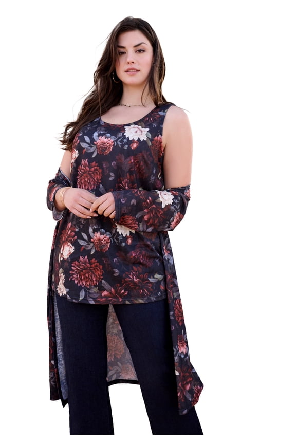 Women's Plus Size Printed Duster Cardigan & Tank Set