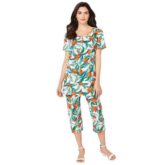 Roaman's Women's Plus Size Printed Henley Capri Set