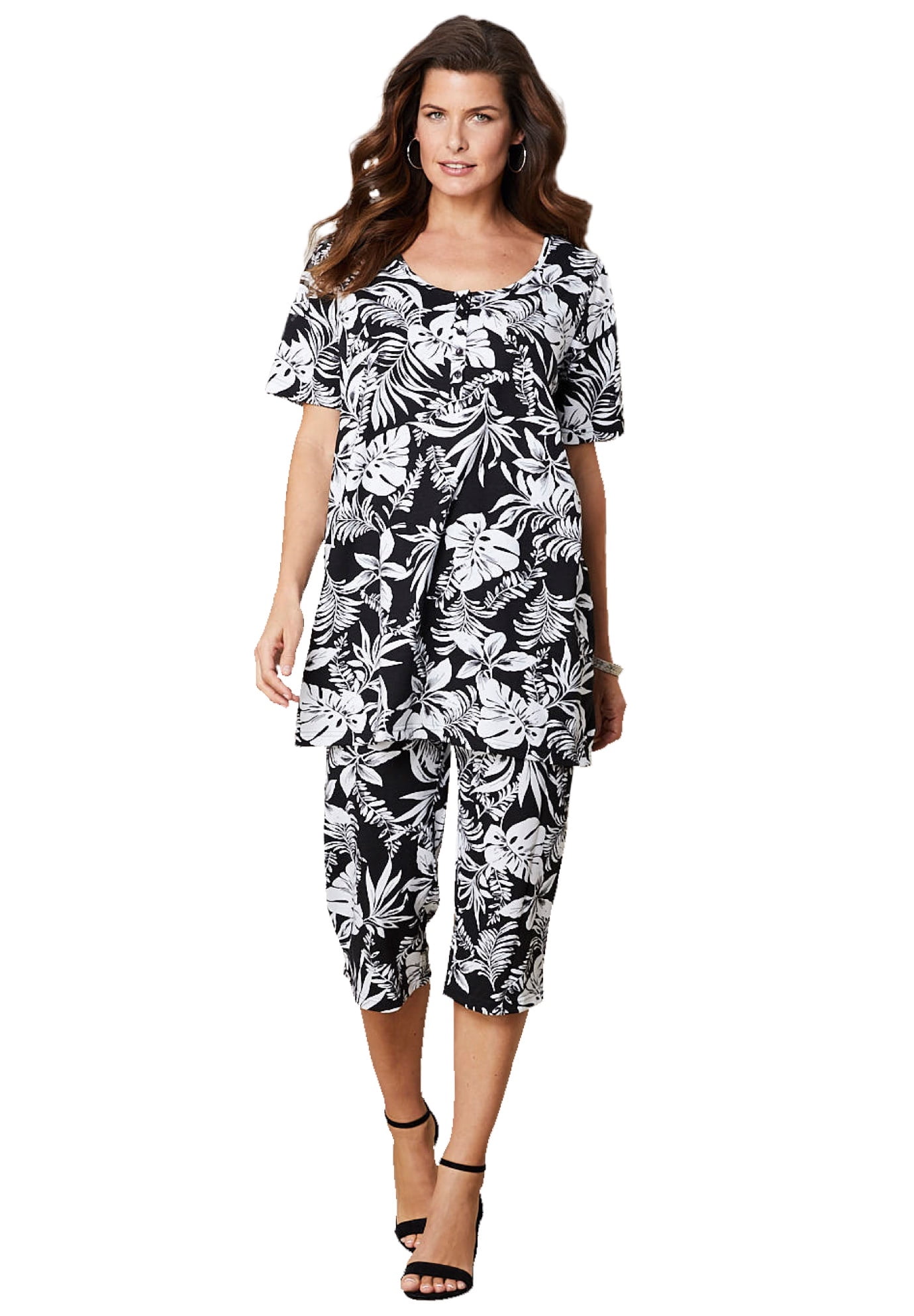 Roaman's Women's Plus Size Printed Henley Capri Set Matching Jersey T