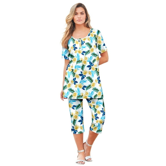 Roaman's Women's Plus Size 2-Piece Printed Henley Top And Capri Set