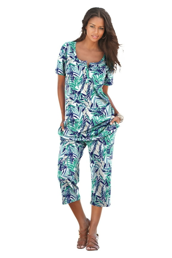 Women's Plus Size 2-Piece Printed Henley Top And Capri Set