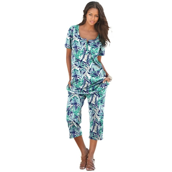 Roaman's Women's Plus Size 2-Piece Printed Henley Top And Capri Set