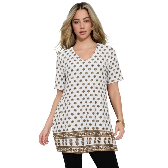 Roaman's Women's Plus Size Printed V-Neck Blouson Sleeve Tunic