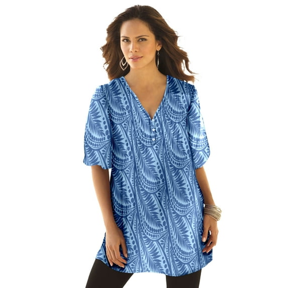 Roaman's Women's Plus Size Printed Y-Neck Georgette Top