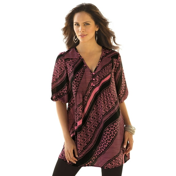 Roaman's Women's Plus Size Printed Y-Neck Georgette Top