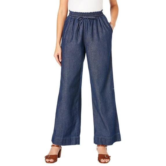 Roaman's Women's Plus Size Pull On Wide Leg Chambray Pant