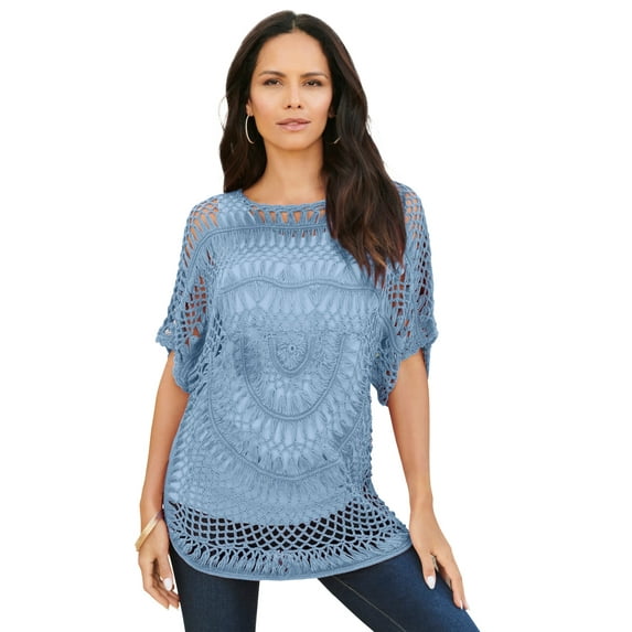 Roaman's Women's Plus Size Relaxed Pullover Crochet Sweater