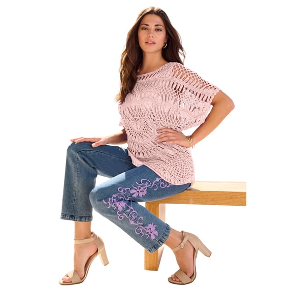 Roaman's Women's Plus Size Relaxed Pullover Crochet Sweater