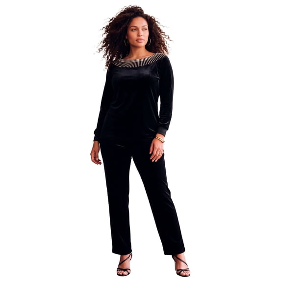 Roaman's Women's Plus Size Rhinestone-Detailed Velour Set