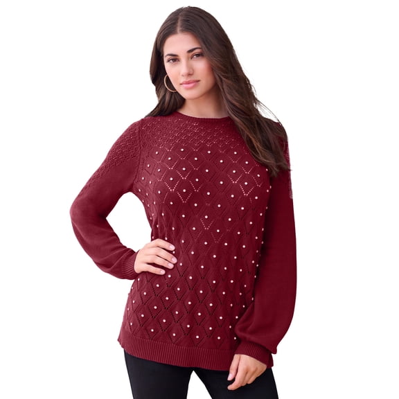 Roaman's Women's Plus Size Rhinestone Pointelle Knit Sweater