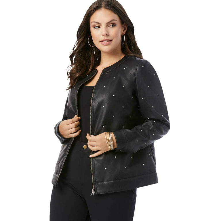 Roaman s Women s Plus Size Rhinestone Studded Bomber Jacket