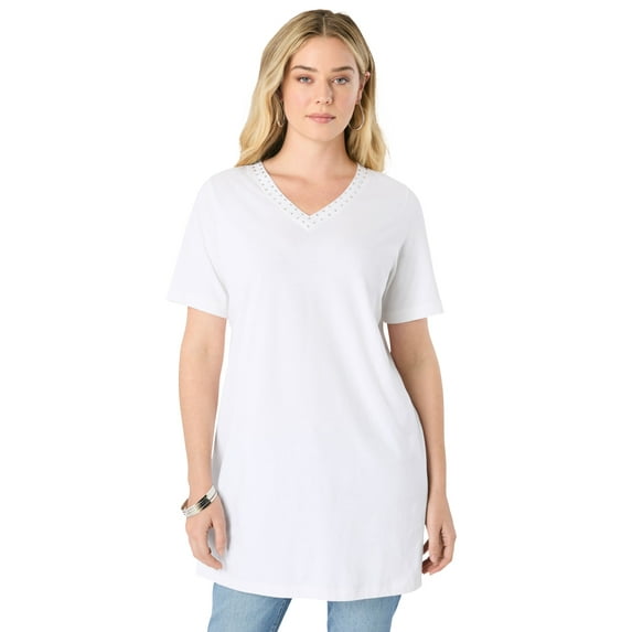 Roaman's Women's Plus Size Ultimate Rhinestone V Neck Tunic