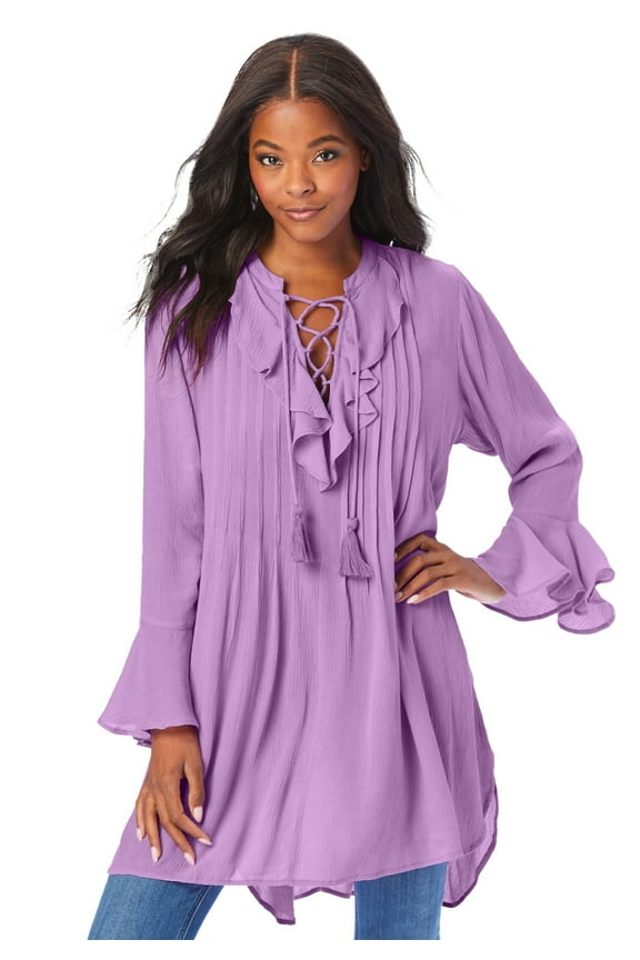 Women's Plus Size Hand Crinkled Ruffle Pintuck Tunic