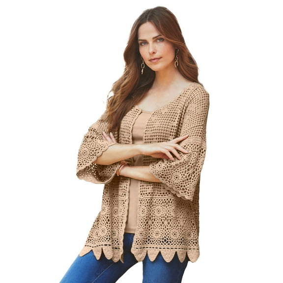 Roaman's Women's Plus Size Scallop Trim Crochet Cardigan