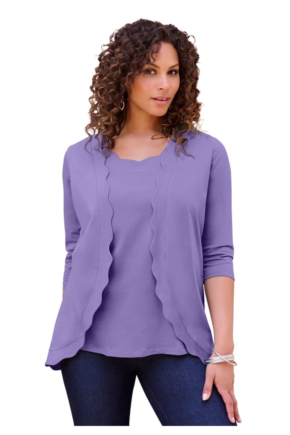 Women's Plus Size Scalloped Cardigan And Tank Set