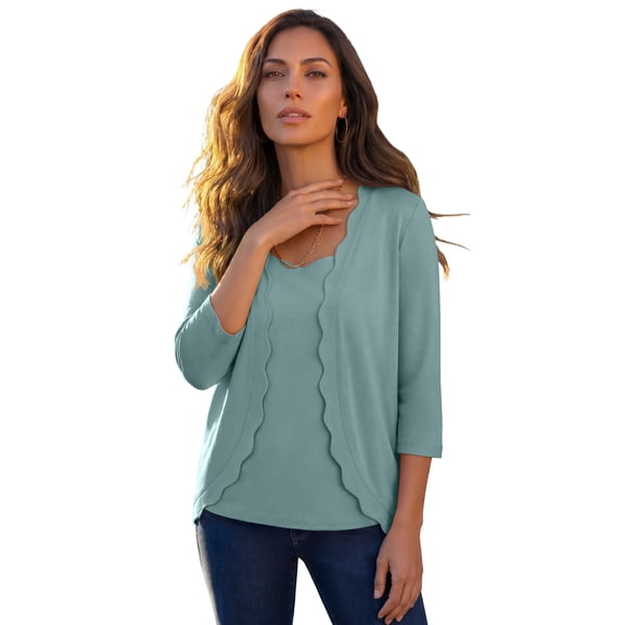 Roaman's Women's Plus Size Scalloped Cardigan And Tank Set