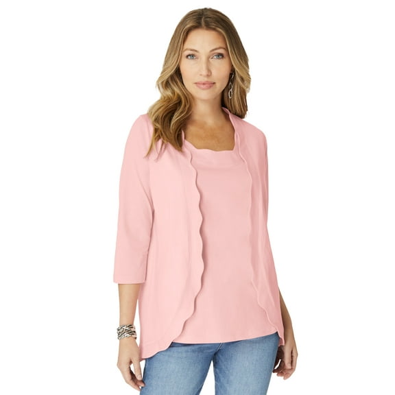 Roaman's Women's Plus Size Scalloped Cardigan And Tank Set