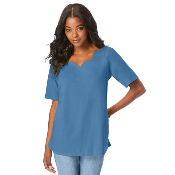 Roaman's Women's Plus Size Ultimate Scalloped Scoop Neck Tee