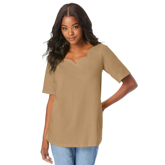Roaman's Women's Plus Size Ultimate Scalloped Scoop Neck Tee