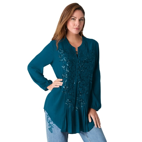 Roaman's Women's Plus Size Sequin Floral Tunic