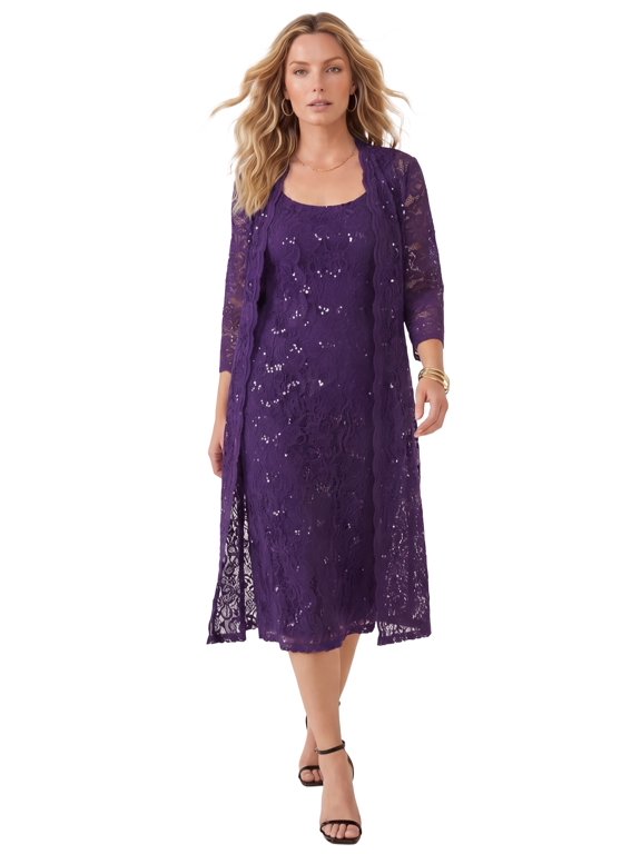 Women's Plus Size 3/4 Sleeve Formal Duster Sequin – Embellished Lace Dress Set