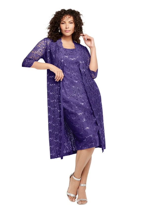 Women's Plus Size 3/4 Sleeve Formal Duster Sequin – Embellished Lace Dress Set
