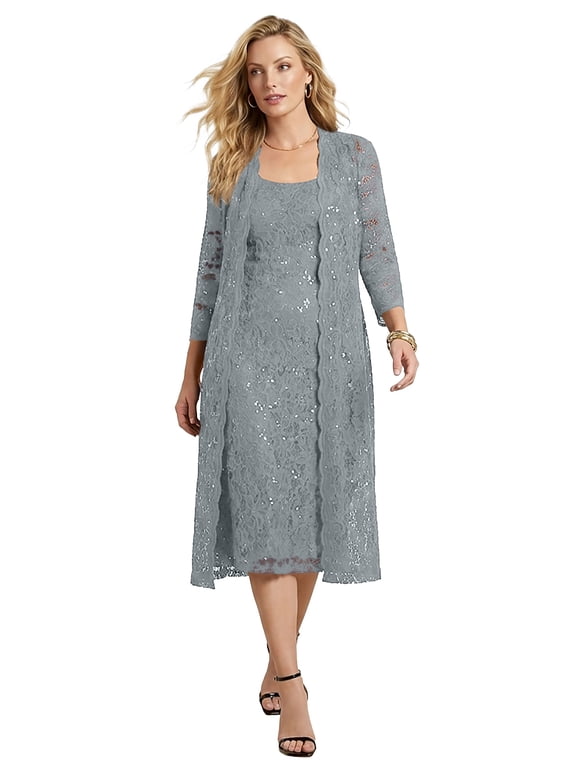 Women's Plus Size 3/4 Sleeve Formal Duster Sequin – Embellished Lace Dress Set