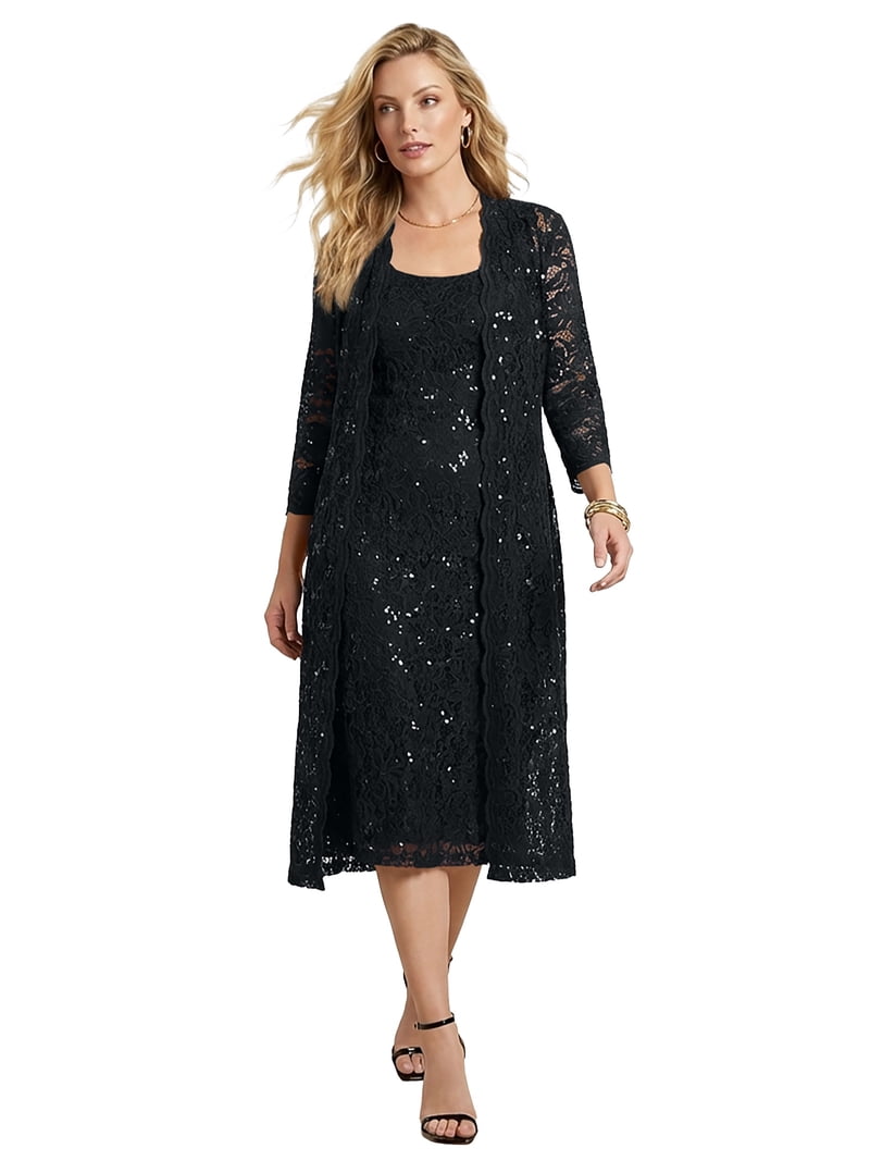 Roaman's Plus Size Women's Formal Evening Lace & Sequin Jacket Dress Set