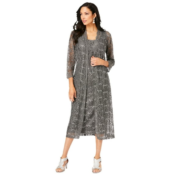 Roaman's Women's Plus Size 3/4 Sleeve Formal Duster Sequin – Embellished Lace Dress Set
