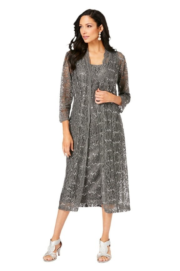 Women's Plus Size 3/4 Sleeve Formal Duster Sequin – Embellished Lace Dress Set