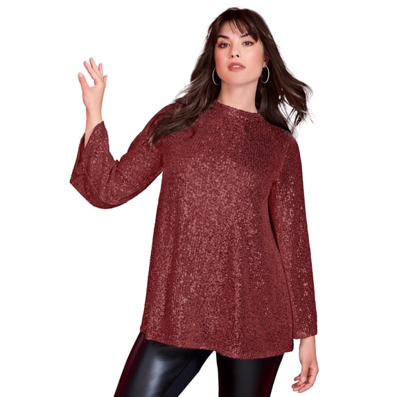 Roaman's Women's Plus Size Sequin Mock Neck Blouse