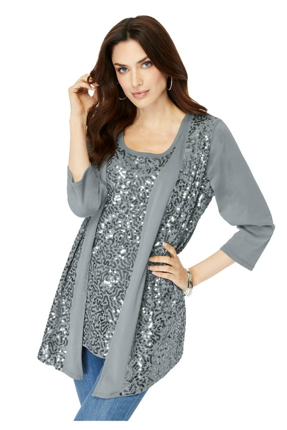Women's Plus Size Sequin-Panelled Tank & Cardigan Set