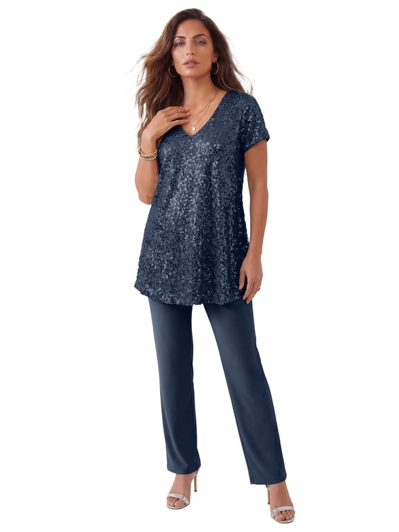 Women's Plus Size Plus-Size 2 Piece S/S Sequin Top And Pant Set