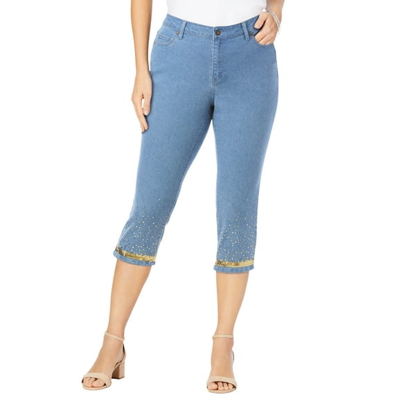Roaman's Women's Plus Size Plus Size Sequin Trim Straight Leg Capri Jean