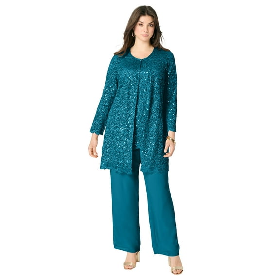Roaman's Women's Plus Size Plus-Size 3 Piece Allover Sequin Lace Jacket And Tank Pant Set