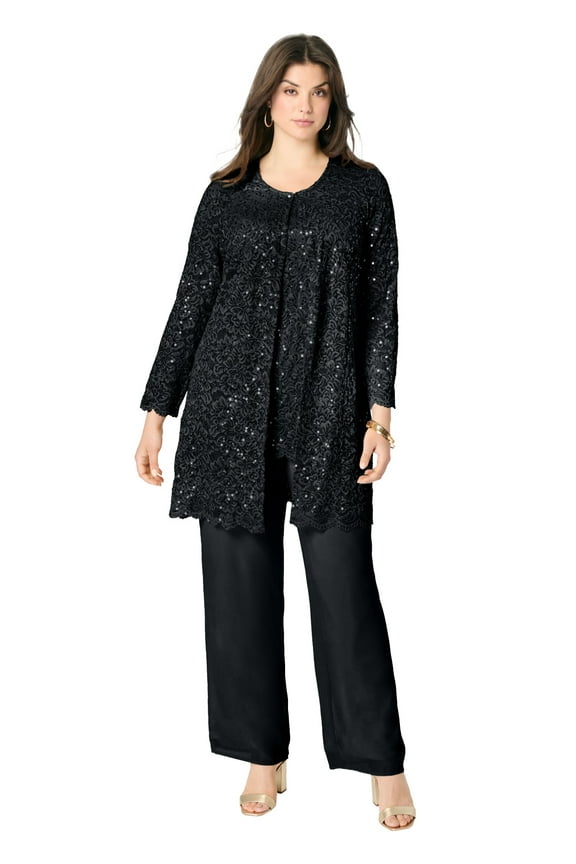 Women's Plus Size Plus-Size 3 Piece Allover Sequin Lace Jacket And Tank Pant Set